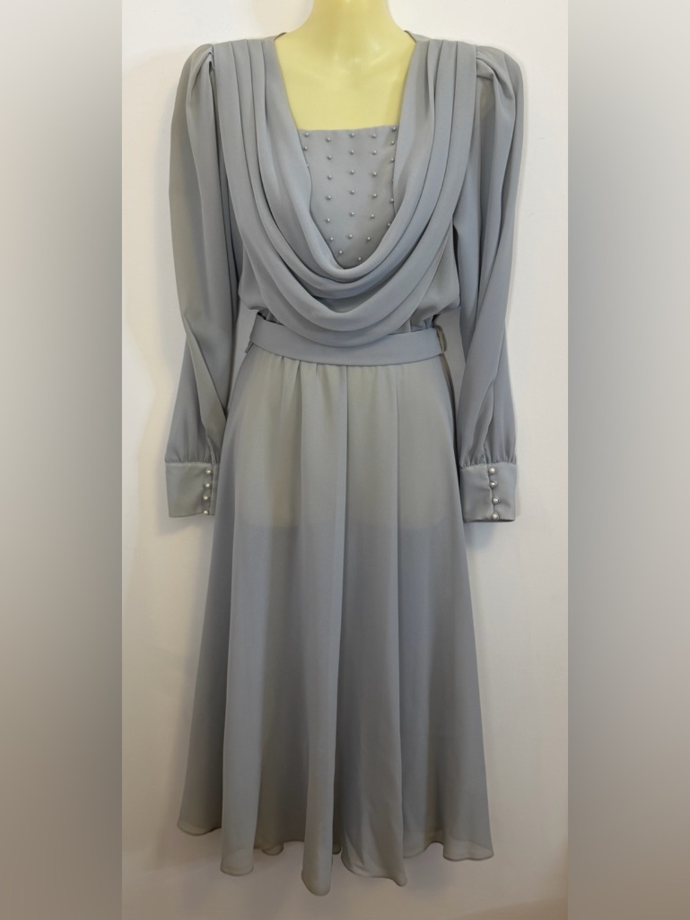 Vintage Ursula Pearl Encrusted Gray Draped Midi Dress